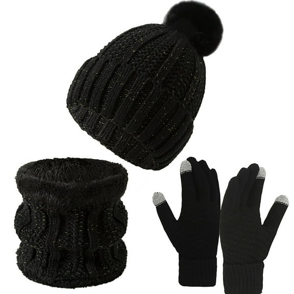 Generic 3 Pcs Winter Hat Scarf and Gloves Set for Women Warm Knit Fleece Lined Beanies Neck Warmer Touchscreen Gloves