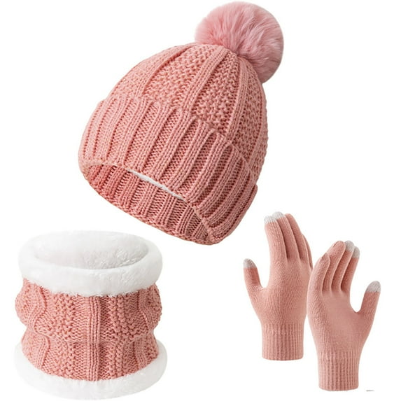 Generic 3 Pcs Winter Hat Scarf and Gloves Set for Women Warm Knit Fleece Lined Beanies Neck Warmer Touchscreen Gloves