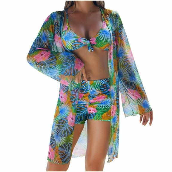 Generic 3 Piece Womens Swimsuit Sexy Floral Printed Push Up Bikini Set with Cover Ups Crop Boyshorts High Waist Beachwear