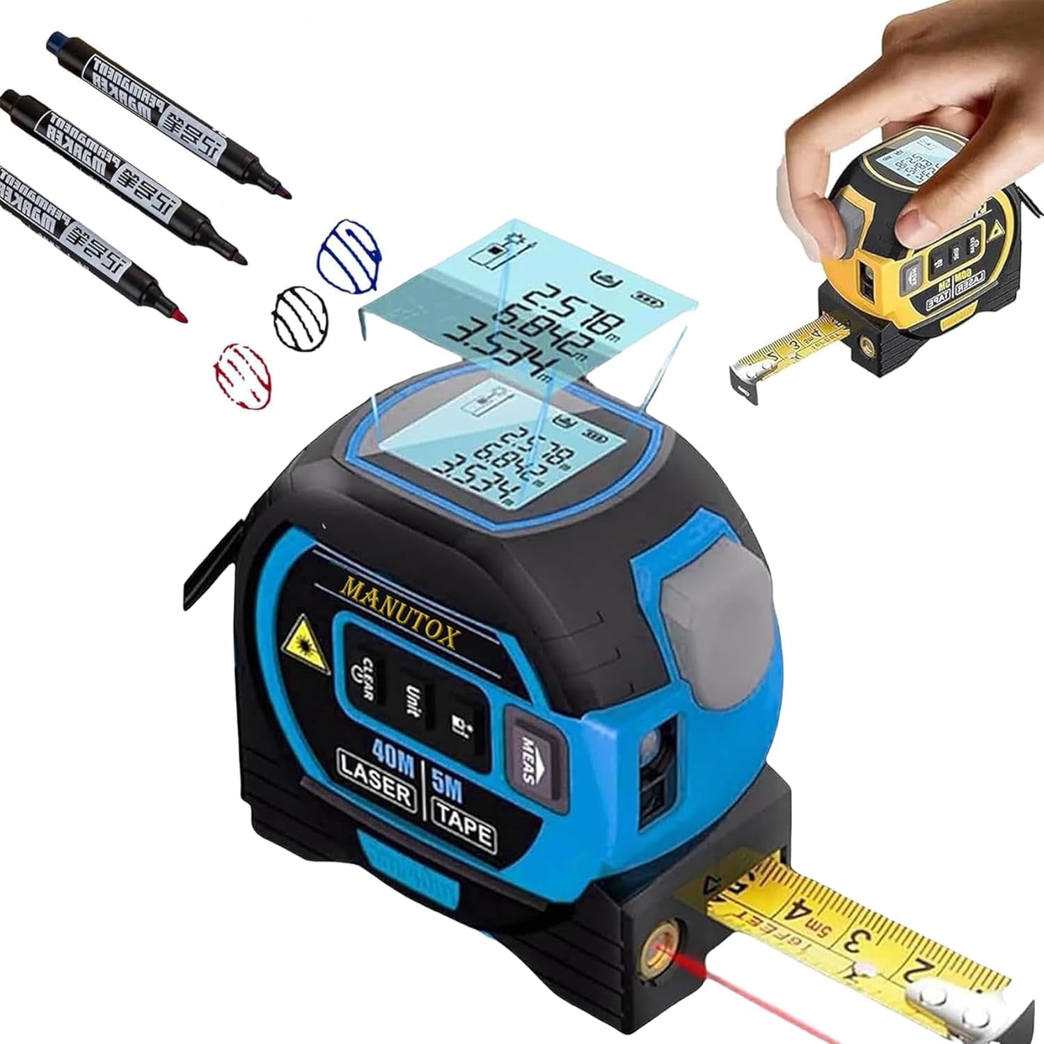 Generic 3-in-1 Infrared Laser Tape Measuring, Digital Tape Measure with Laser, Laser Measuring Tape, Laser Measuring Tool, Retractable Electric Tape Measure with Led Display (Blue 60m(196FT))