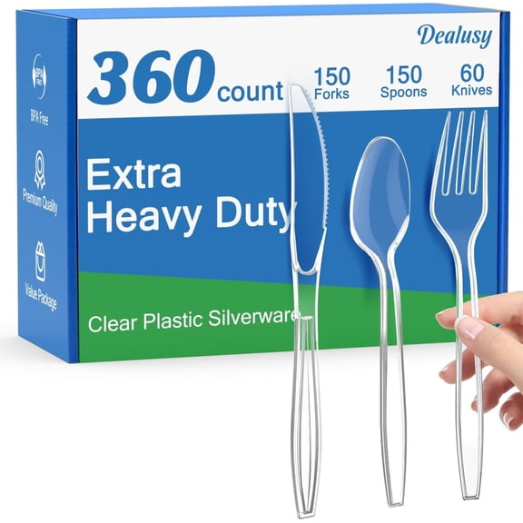 Generic 360 Count Extra Heavy Duty Clear Plastic Silverware Set, Bulk Disposable Plastic Utensils Combo, Includes 150 Forks, 150 Spoons, 60 Knives, Heat Resistant BPA-Free Cutlery Set for Catering,