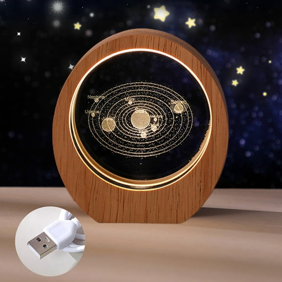 Generic 3D Planet Crystal Wood Night Lights,LED Light Hologram Glass Lamp with Solid Wood Base, USB Powered Crystal Lamp for Home Decor Display Gift