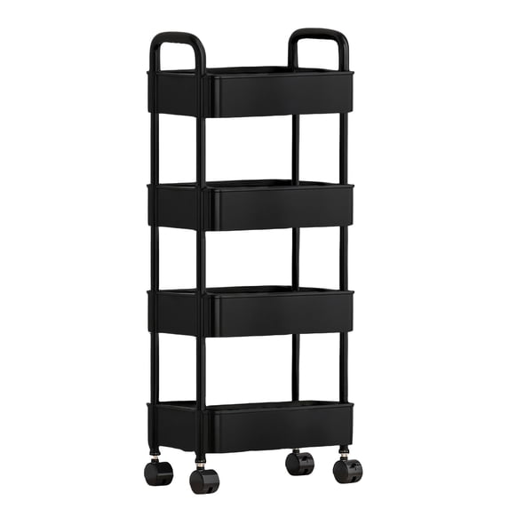 Generic 4-Tier Rolling Utility Cart with Wheels and Hooks Storage Rack Black
