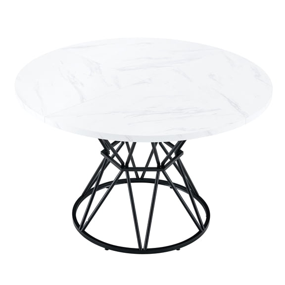 Generic 47" Round Dining Table for 4-6 People, White Marble Pattern MDF Kitchen Table with Metal Bracket