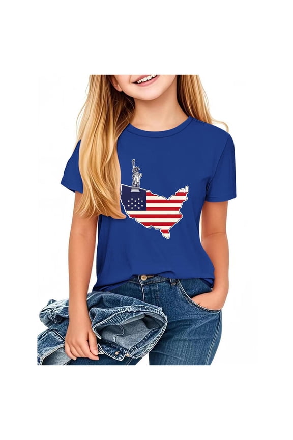 4th of July T-Shirts for Girls American Flag Graphic Tees Shirt Short Sleeve Patriotic Tshirts Tops for 2-13 Years