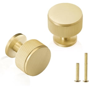 Generic 5 Pack Solid Brass 1-1/8 Inch Kitchen Cabinet Knobs, Heavy Duty Brushed Gold Drawer Pulls, Modern Round Dresser Hardware for Cupboard Closet Vanity