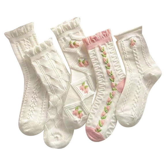 Generic 5 Pairs Fashion Mid-Calf Socks For Ladies White Cute Socks Women's Lace Ruffles Ankle Casual Sock Breathable Mid Tube Socks Floral Crew Socks