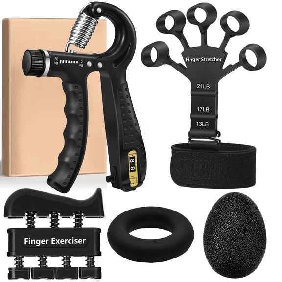 Generic 5-Piece Adjustable Grip Strength Trainer Kit with Smart Counting: 11-133LB Grip, Multi-Level Finger Trainer, 20LB Exerciser, 40LB Grip Ball & Ring for Workout & Rehab