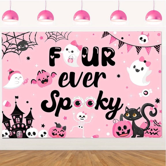 Generic 5 x 3 ft Pink Black Halloween Four Ever Spooky Backdrop, Vinyl Birthday Party Background With Grommets And Ribbon, Kids 4th Boo Theme Wall Decor For Photo Booth Dessert Table Indoor Entrance