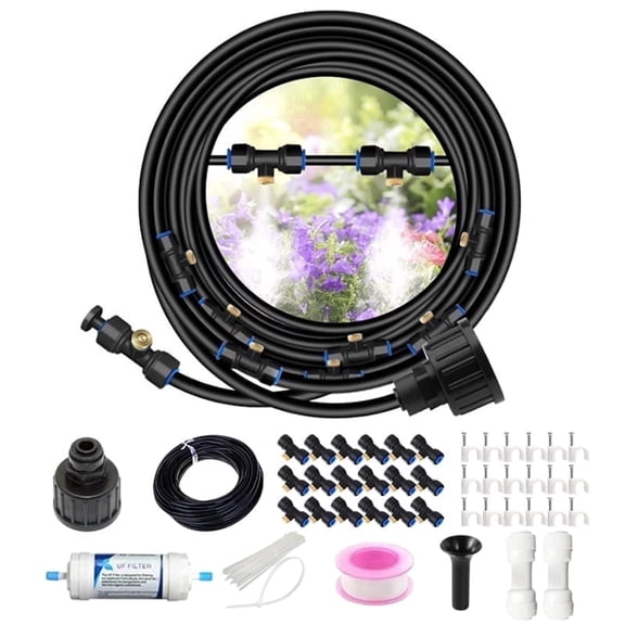 59FT Outdoor Misting Cooling System Kit, 18M Patio Mist Line with Water Filter & 18 Leak-Proof Brass Nozzles, Diy Water Mister for Garden, Greenhouse, Gazebo & Backyard Trampoline misting system