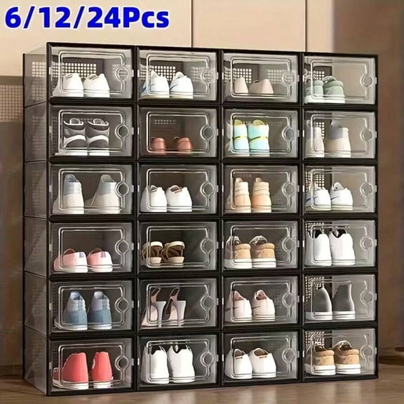 Generic [6 Pack] Stackable Plastic Shoe Boxes – Clear Shoe Organizer Storage Bins with Magnetic Drop Front Door, Space Saving Heavy Duty Sneaker Containers for Closet, Black and Clear