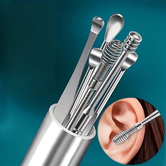 Generic 6-Piece Stainless Steel Ear Cleaning Kit | Spiral Spoon Design, Keychain, Portable, Battery-Free