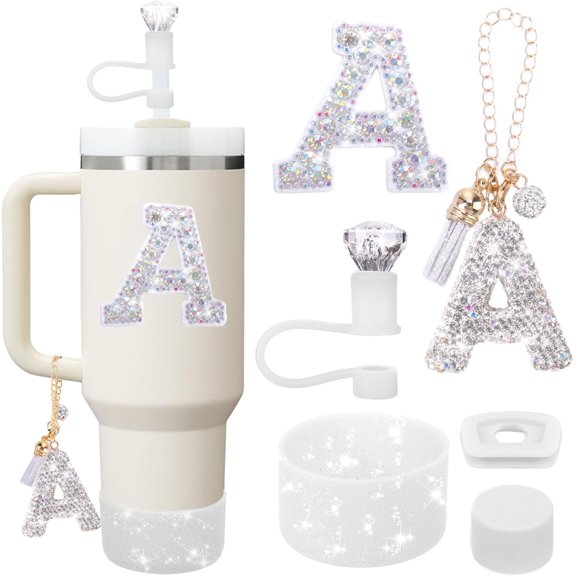 Generic Accessories Set for Stanley Cup, Initials Decorations for Tumbler Cup 30/40OZ, Including Diamond Straw Topper/Spill Proof Stopper/Sparkly Silicone Boot Set/Letter Charms for Handle A-Z (A-)