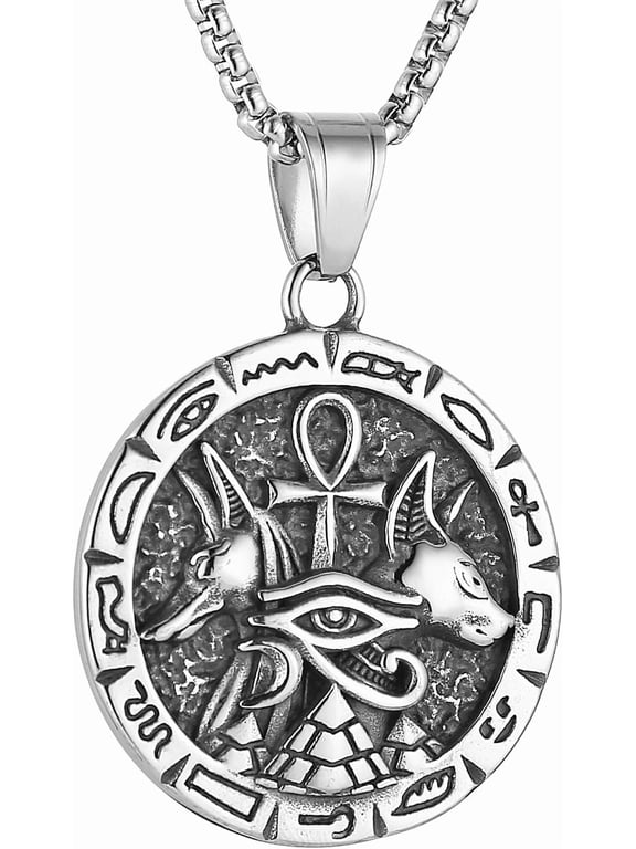 Ancient Egyptian Symbol Necklace for Men Women Stainless Steel Retro Eye of Horus Pyramid Coptic Ankh Cross Anubis Round Pendant Necklace
