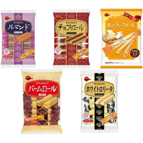 Generic Assortment: Bourbon Cookies & Biscuits Popular 5-item Set (Lumand, Chocoliere, Zeitaku Langroll, Baumroll, White Lolita) 1 bag each, total 5 bags