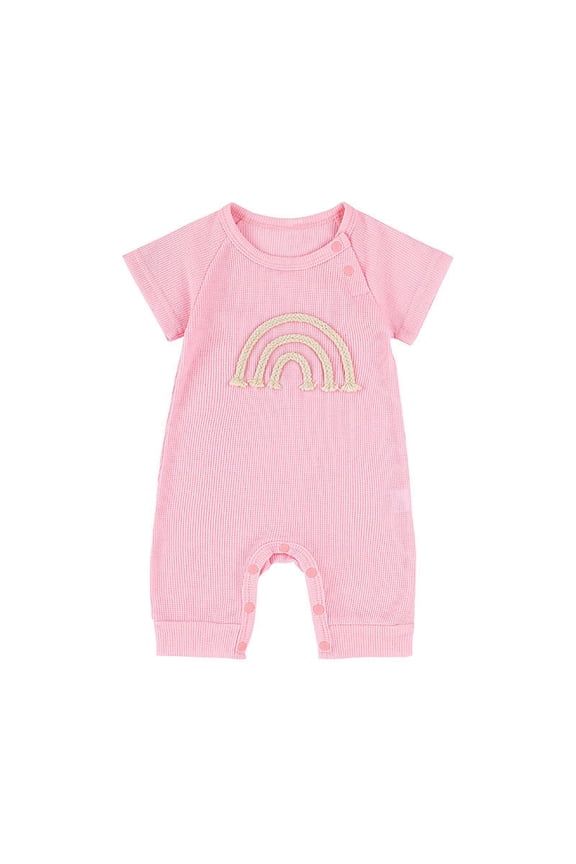 Baby Boy Girl Ribbed Romper Short Sleeve Rainbow Patter Jumpsuit Outfits Clothes Summer Bodysuit for 0-2Years