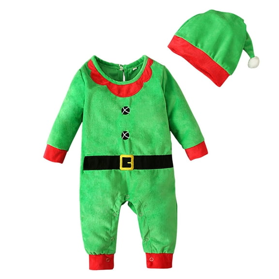 Generic Baby Boys Girls Christmas Jumpsuit Long Sleeve Romper Hat 2PCS Romper Outfit Set Autumn Winter Clothes for Holiday Party Christmas（18-24 Months Green）