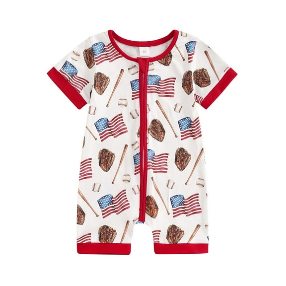 Generic Baby Girl 4Th Of July Romper Children'S Cartoon Character Triangle Jumpsuit Boys Independence Day Summer Baseball Print Zip Up Bodysuit Short Crawl Suit