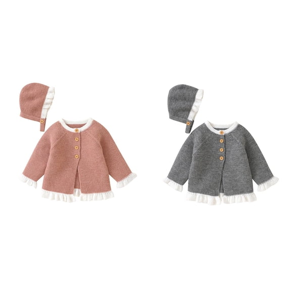 Generic Baby Girl Boy Knit Cardigan Sweater Warm Pullover Tops Toddler Solid Ruffled Outerwear Jacket with Hat Caps Outfits Clothes Autumn Winter Solid Color Baby Sweater(18-24 Months,Pink*1 Grey*1)