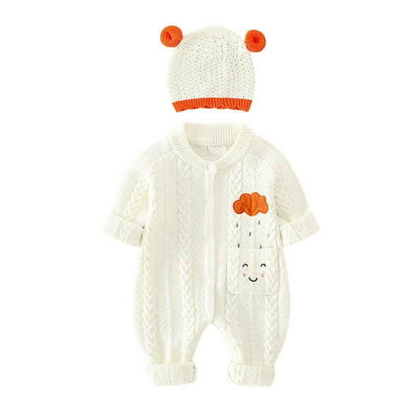 Generic Baby Girl Boy Sweater Knitted Romper Cotton Long Sleeve Sweater Clothes Toddler Babys Jumpsuit Bear Ear Hat Outfits Set Cute Warm Clothes(3-6 Months,White)