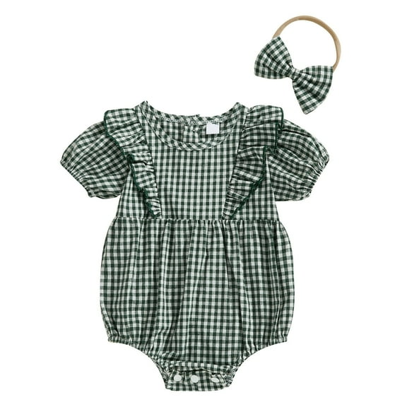 Generic Baby Girl Plaid Romper Puff Sleeve Doll Collar Bubble Rompers Infant Bodysuit Clothes with Headband for 0-18 Months