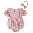 thumbnail image 1 of Generic Baby Girl Plaid Romper Puff Sleeve Doll Collar Bubble Rompers Infant Bodysuit Clothes with Headband for 0-18 Months, 1 of 6