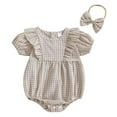 thumbnail image 1 of Generic Baby Girl Plaid Romper Puff Sleeve Doll Collar Bubble Rompers Infant Bodysuit Clothes with Headband for 0-18 Months, 1 of 7