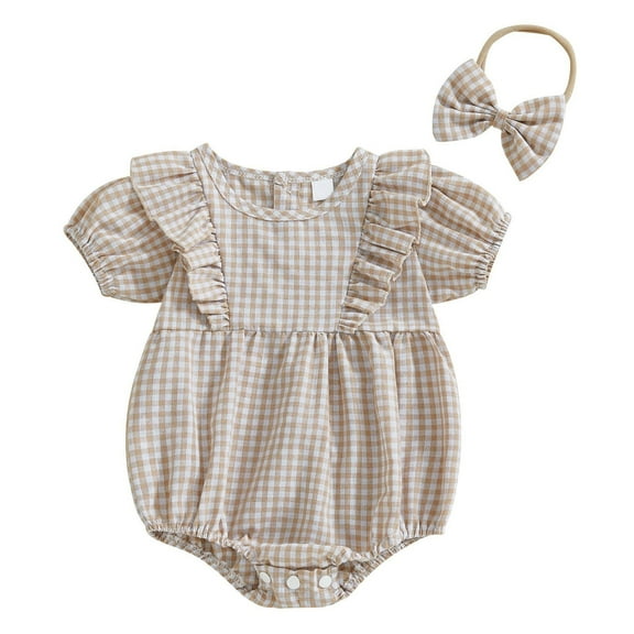 Generic Baby Girl Plaid Romper Puff Sleeve Doll Collar Bubble Rompers Infant Bodysuit Clothes with Headband for 0-18 Months