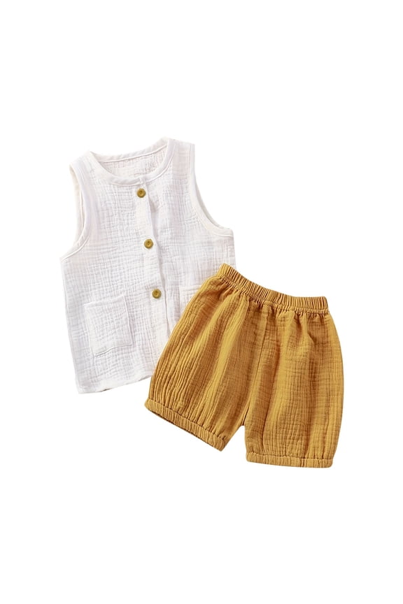 Baby Girl Summer Clothes Set Solid Color Cotton Linen Sleeveless Button Pocket T-Shirt Tops and Short Outfit Set
