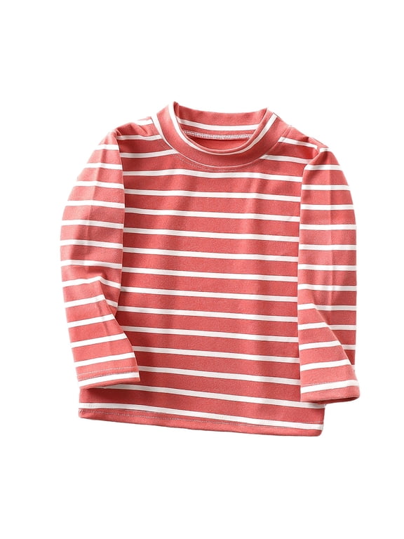 Little Girls Long Sleeve Striped Turtleneck Tee Shirts Soft Pullover Slim Stretchy Crewneck Tops Kids Undershirt