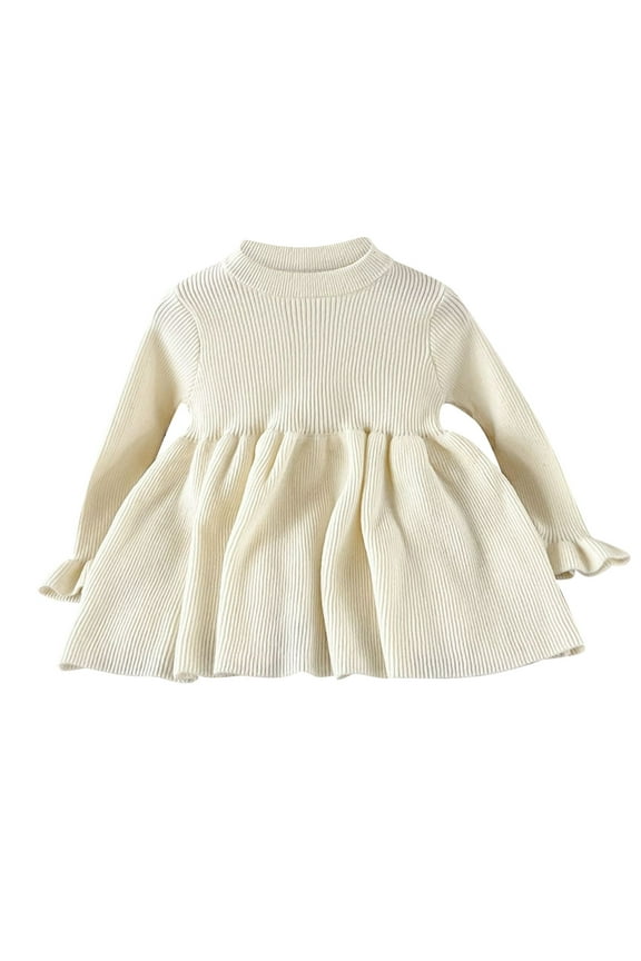 Baby Girls Pure Cotton Trumpet Woolen Dress Knit Sweater Dress Breathable Comfortable Long Sleeve Autumn Winter Clothes for Holiday Party Christmas(18-24 Months Beige)
