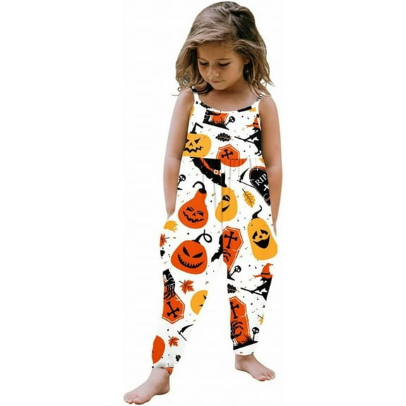 Generic Baby Kids Boys Girls Children Halloween Outfit Jumpsuit Pants Clothes with Pocket Print Sleeveless Strap Jumpsuit All Season Clothes for Holiday Party (9-10 Years White)