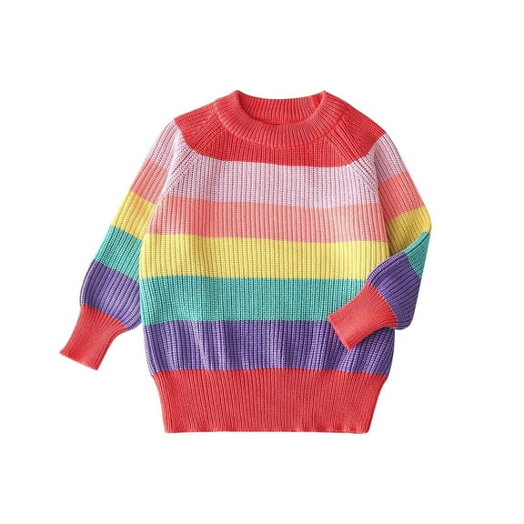 Generic Baby Knitted Blouse Kid Boys Girls Clothes Knitted Colorful Rainbow Sweater Cardigan Coat Tops Christmas Sweater(Pink,5-6 Years)
