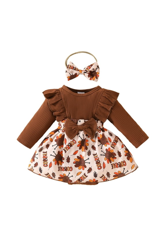 Baby Strip Long Sleeve Peplum Bow Dress Turkey Dress with Crotch Breathable Comfortable Autumn Winter Clothes for Indoor Outdoor（0-3 Months Brown）