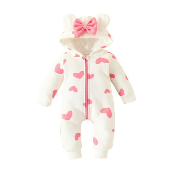 Generic Baby Toddler Bow Hooded Romper Fit Footed Long Sleeve Zipper Bow Playwear Pajamas Onesie Solid Footie One-Piece Romper Jumpsuit(9-12 Months,Pink)