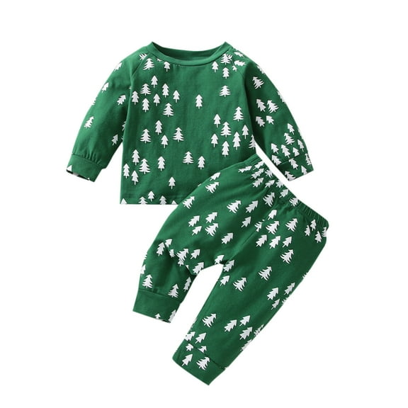 Generic Baby Unisex Cotton Print Autumn Christmas Long Sleeve Pants Pullover Sweatshirt Set Clothes Autumn Winter Clothes for Holiday Party Christmas（0-6 Months Green）