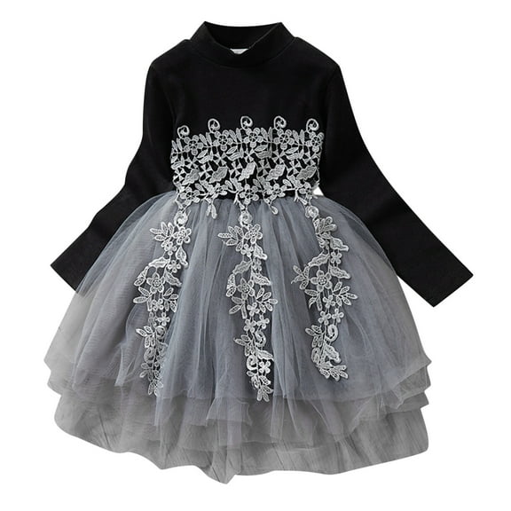 Generic Baby Warm Sweater Toddler Kids Girls Knit Ribbed Crewneck Sweater Dresses Embroidery Floral Flower Long Sleeve Princess Fluffy Tulle Dress(Black,3-4 Years)