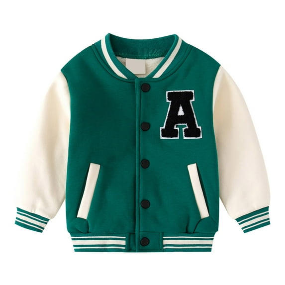 Generic Baby Warm Winter Coat Toddler Boys Fall Winter Padded Letter Printed Standing Collar Long Sleeve Button Baseball Jacket School Daily Outfits(Green,12-18 Months)