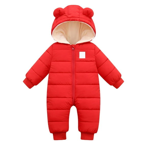 Generic Baby Winter Warm Hooded Thick Down Jumpsuit Romper Jacket Overcoat Comfortable for Boys Girls Long sleeves 0-18 Months for Holiday Winter Party Christmas（0-3 Months Red）
