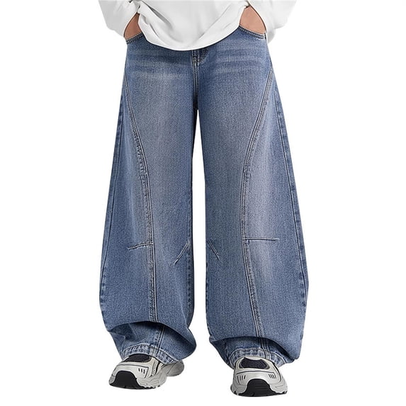 Generic Boys Cargo Denim Pants Kids Barrel Baggy Jeans Retro School Trousers/Elasticated Waist, Straight School Pull on Jeans