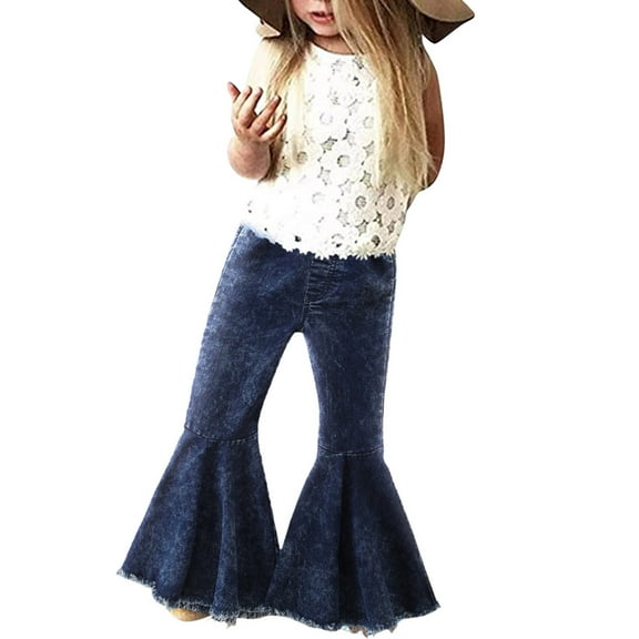 Generic Big Girls' Bell Bottom Jeans Teen Girls' High Waisted Bell Bottom Trousers Toddler Denim Bell Bottom Pants Baby Girls Trousers Ruffle Flare Jeans For Kids 1-6Y