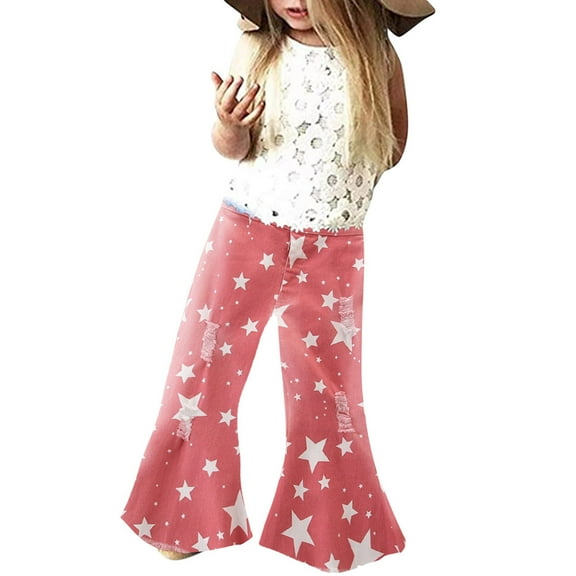 Generic Big Girls' Bell Bottom Jeans Teen Girls' High Waisted Bell Bottom Trousers Toddler Stars Printed Denim Bell Bottom Pants Baby Girls Trousers Ruffle Flare Ripped Jeans For Kids 1-6Y