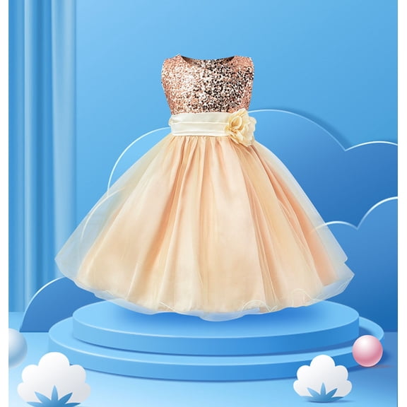 Generic Birthday Dress for Girls Kids Flower Sequin Dresses Birthdays Bridesmaid Party Pageant Formal Lace Long Dresses for Wedding Holiday Gowns(3-4 Years,Yellow)