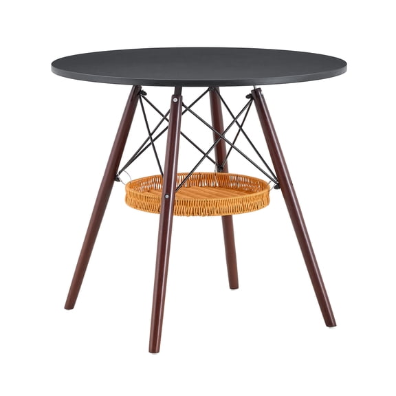 Generic Black Top Coffee Table, 31.5 Inch Circular Dinner Table with Walnut Wood Legs and Hanging Basket, 1 pack