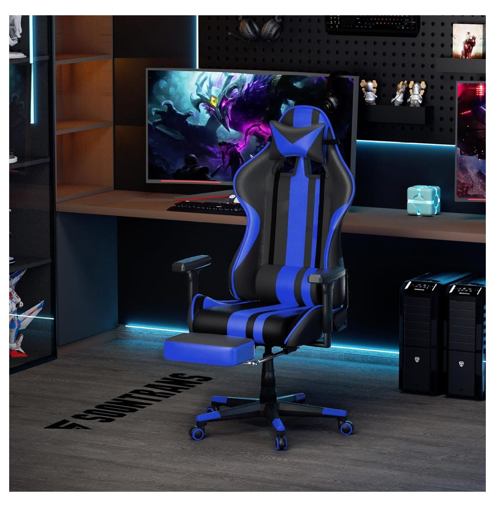 Generic Blue Gaming Chair with Footrest,Leather Ergonomic Gamer Chair
