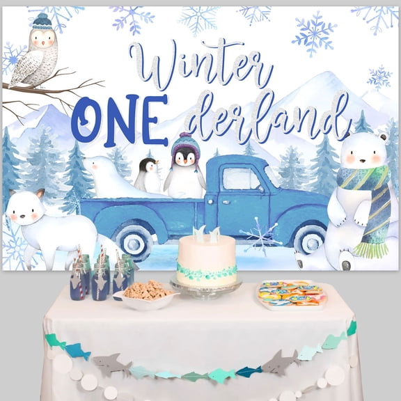 Generic Blue Silver Onederland Backdrop 4.9 x 3.3 ft Winter Animal Background Cloth for Baby First Birthday Party Photo Wall Decor Indoor Outdoor Celebration Supplies with Penguin Deer Snow Scene