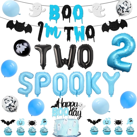 Generic Blue Two Spooky Halloween 2nd Birthday Set, Happy Boo Day Cake Toppers, Ghost Bat Latex Balloons, Number 2 Foil Balloon, Boo Im 2 Banner, Spooky TWO Letters Party Decor