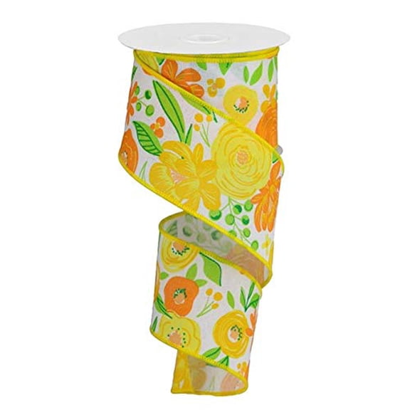 Generic Bold Blooms On Royal Wired Ribbon, White Yellow Gold Orange Green - 2.5 Inches x 10 Yards (30 Feet), RGA1682J8