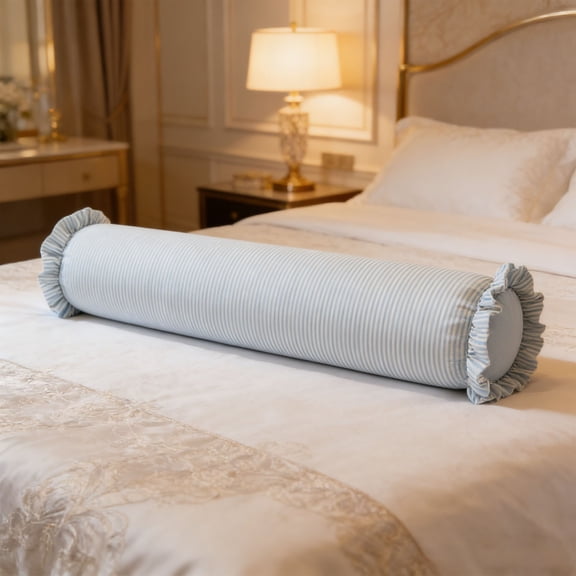 Generic Bolster Pillow Brown Ticking Stripe Cylindrical Long Cushion with Ruffled Ends Decorative Throw Pillow for Couch Bed Sofa Neck Back Support Home Decor