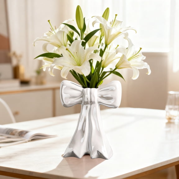 Generic Bow Vase Ceramic Sculpture, Cute Tabletop Ornament, Tall Slim Decorative Pen Holder, Makeup Brush Organizer, Unique Statue